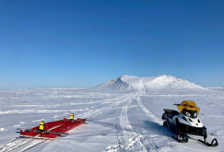 Photo of A view of our science tow sled in ‘pontoon’ mode being prepared to support the 50 MHz GPR antennas.