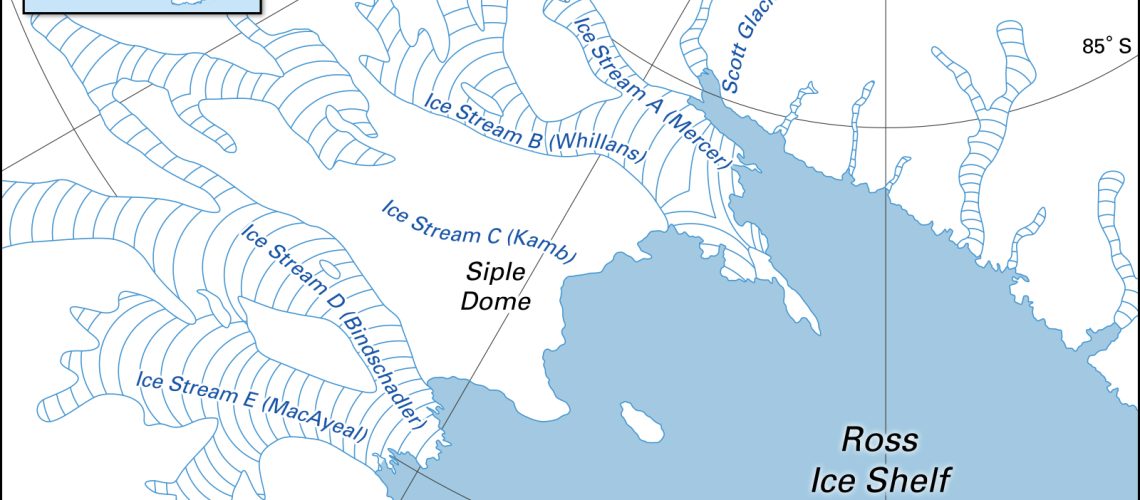 A map of ice streams in the West Antarctic Ice Sheet, showing ice streams A (Mercer Ice Stream) through F (Echelmeyer Ice Stream). (Image: Encyclopædia Britannica, https://bit.ly/2YArWxl)